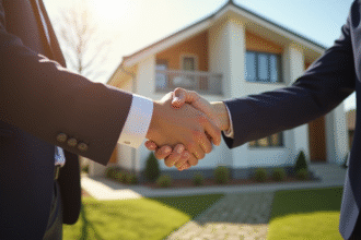 Deux personnes se serrant la main devant une maison moderne pour une transaction immobiliere