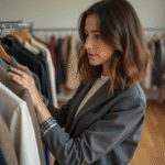 Jeune styliste femme choisissant des vêtements dans un studio moderne