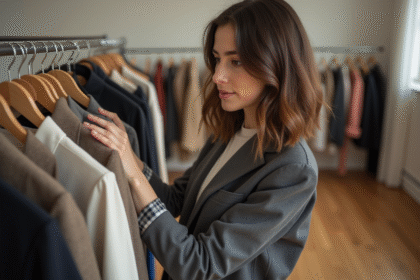 Jeune styliste femme choisissant des vêtements dans un studio moderne