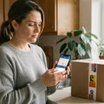 Femme consultant le suivi de colis DPD sur son smartphone dans une cuisine avec un colis livré posé sur le plan de travail