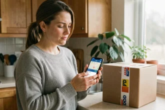 Femme consultant le suivi de colis DPD sur son smartphone dans une cuisine avec un colis livré posé sur le plan de travail