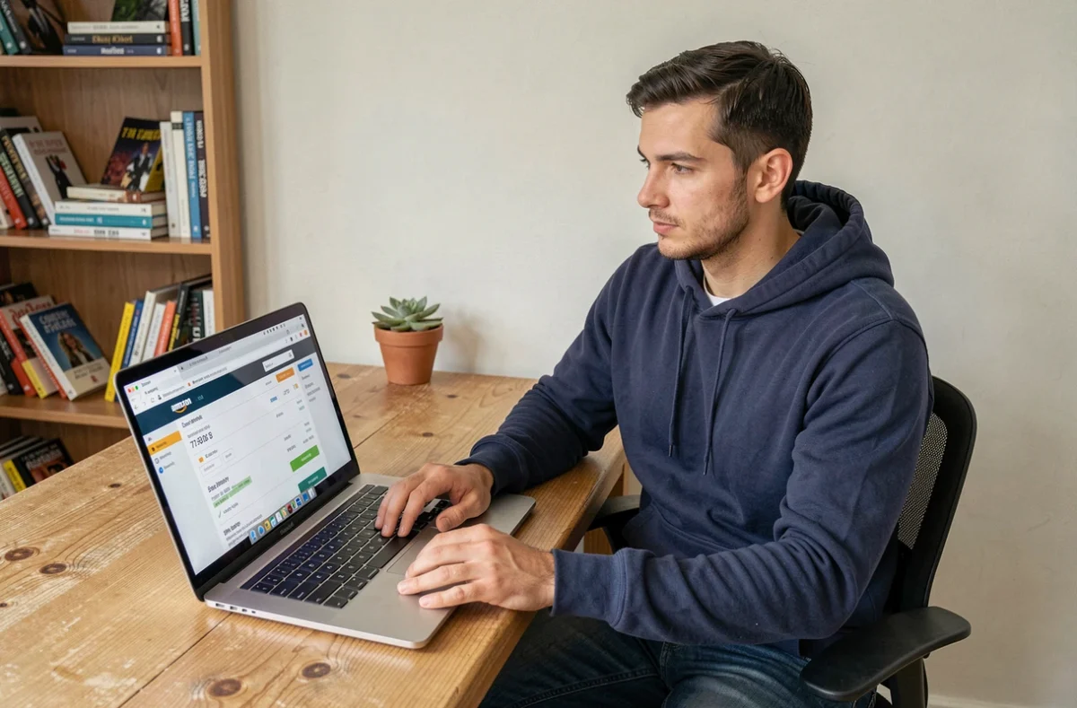 Homme suivant sa commande Amazon via l'interface de suivi DPD sur un ordinateur portable dans un bureau à domicile