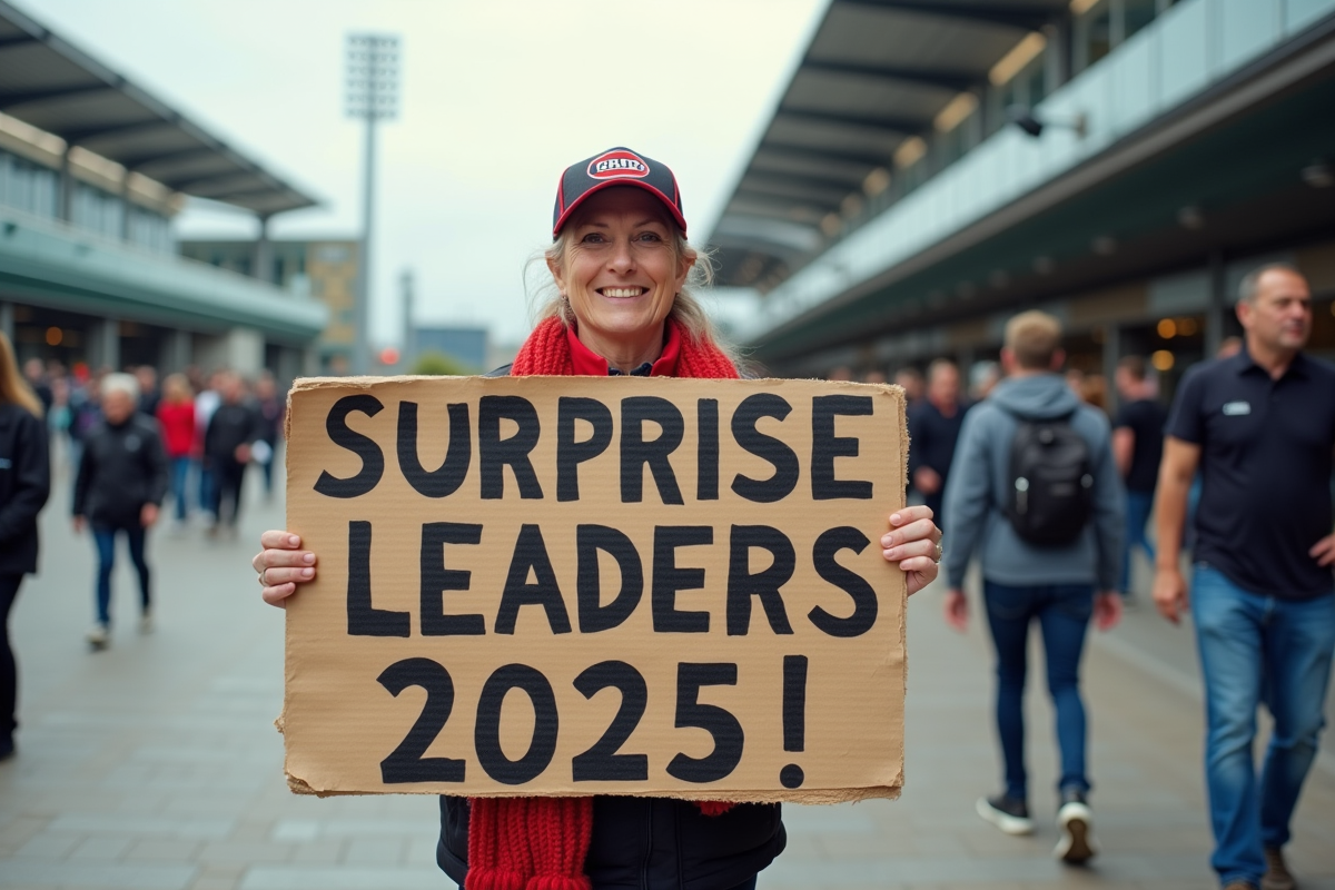 Supporter de rugby femme avec pancarte surprise leaders 2025