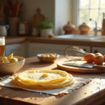 Table en bois rustique dans une cuisine bretonne lumineuse avec pate a crepe a la bière