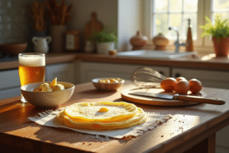 Table en bois rustique dans une cuisine bretonne lumineuse avec pate a crepe a la bière
