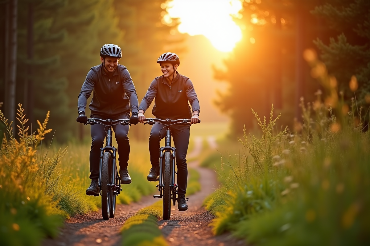 Deux personnes testant des vélos Bosch en forêt au coucher du soleil