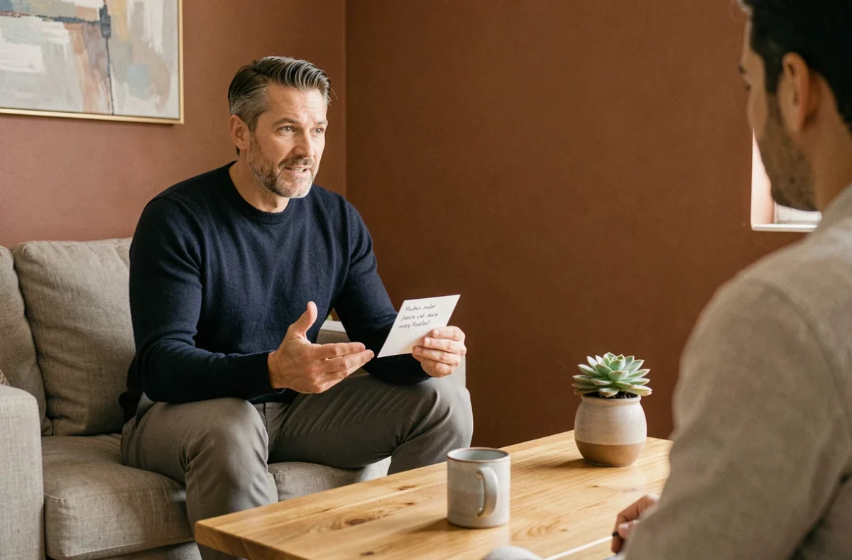 Thérapeute expliquant l'utilisation des mantras personnels à un client lors d'une séance de thérapie moderne