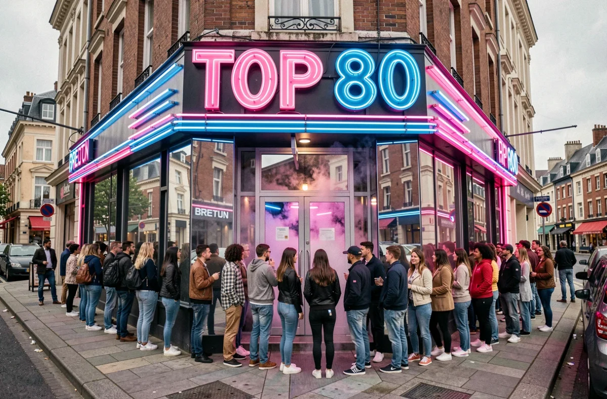 Façade rétro du club Top 80 avec enseigne rose et bleue style années 80 et file d'attente de jeunes adultes en tenue vintage