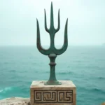 Trident en bronze ancien sur falaise méditerranéenne, symbole du dieu grec Poséidon dominant la mer
