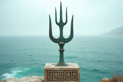 Trident en bronze ancien sur falaise méditerranéenne, symbole du dieu grec Poséidon dominant la mer