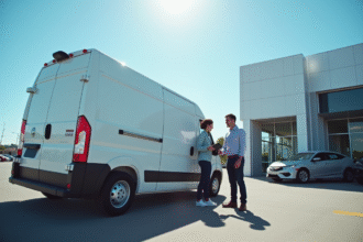 Véhicule utilitaire blanc en vente dans un concessionnaire ensoleillé