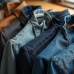 Vues de vestes en cuir denim laine et synthétique sur une table en bois