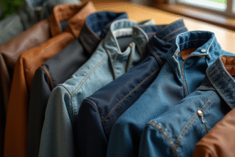 Vues de vestes en cuir denim laine et synthétique sur une table en bois