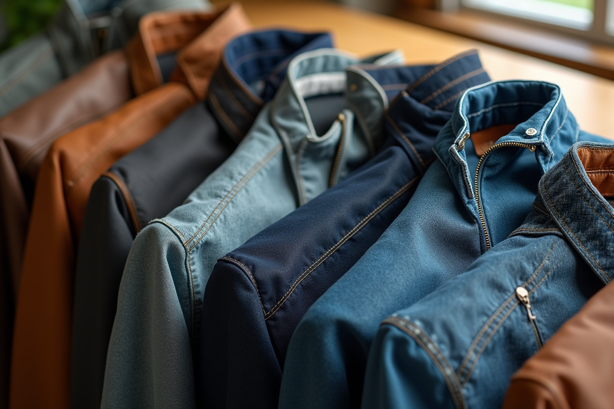 Vues de vestes en cuir denim laine et synthétique sur une table en bois