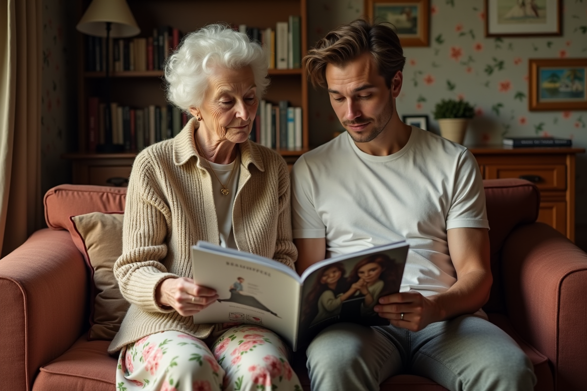 Femme âgée et jeune homme lisant un magazine dans un salon cosy