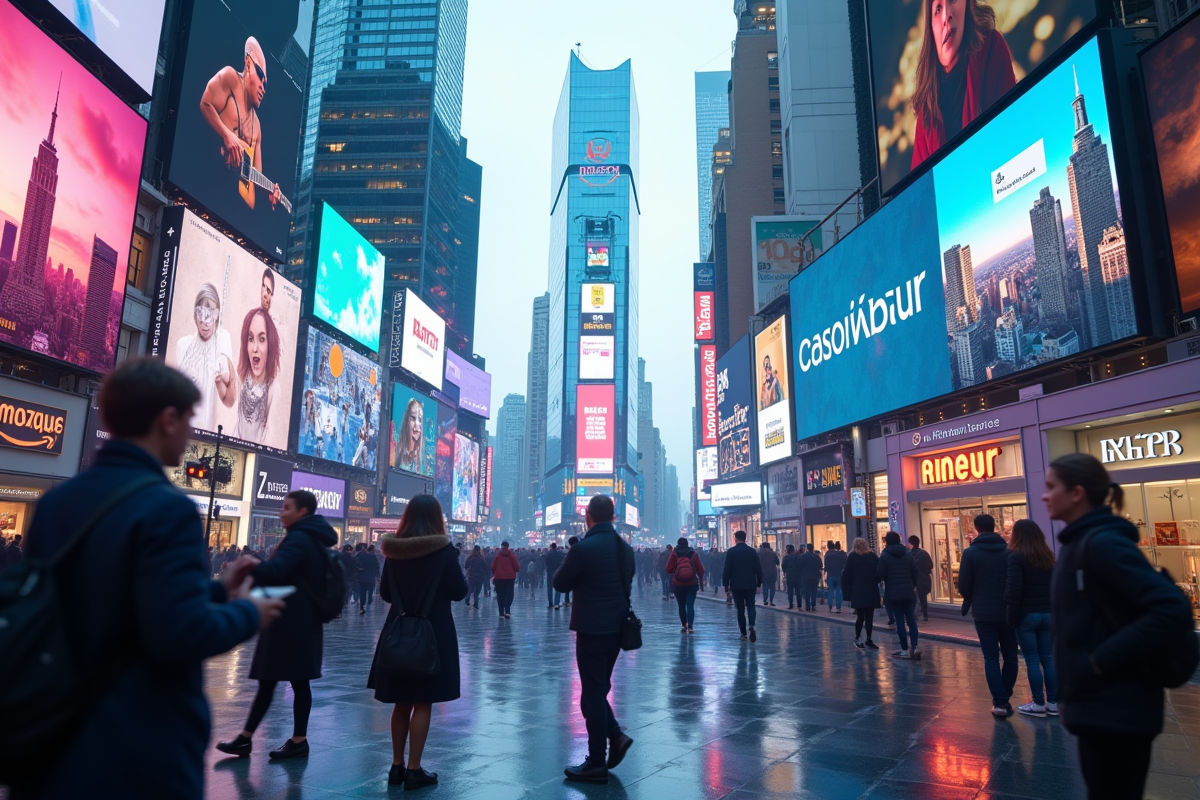 Rue animée en 2025 avec affichages en réalité augmentée