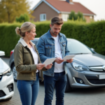 Un couple examine des brochures de voitures modernes dans une allée résidentielle