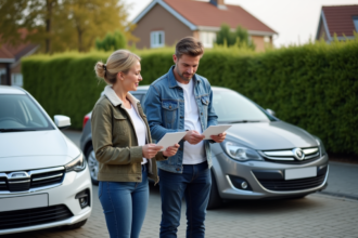Un couple examine des brochures de voitures modernes dans une allée résidentielle