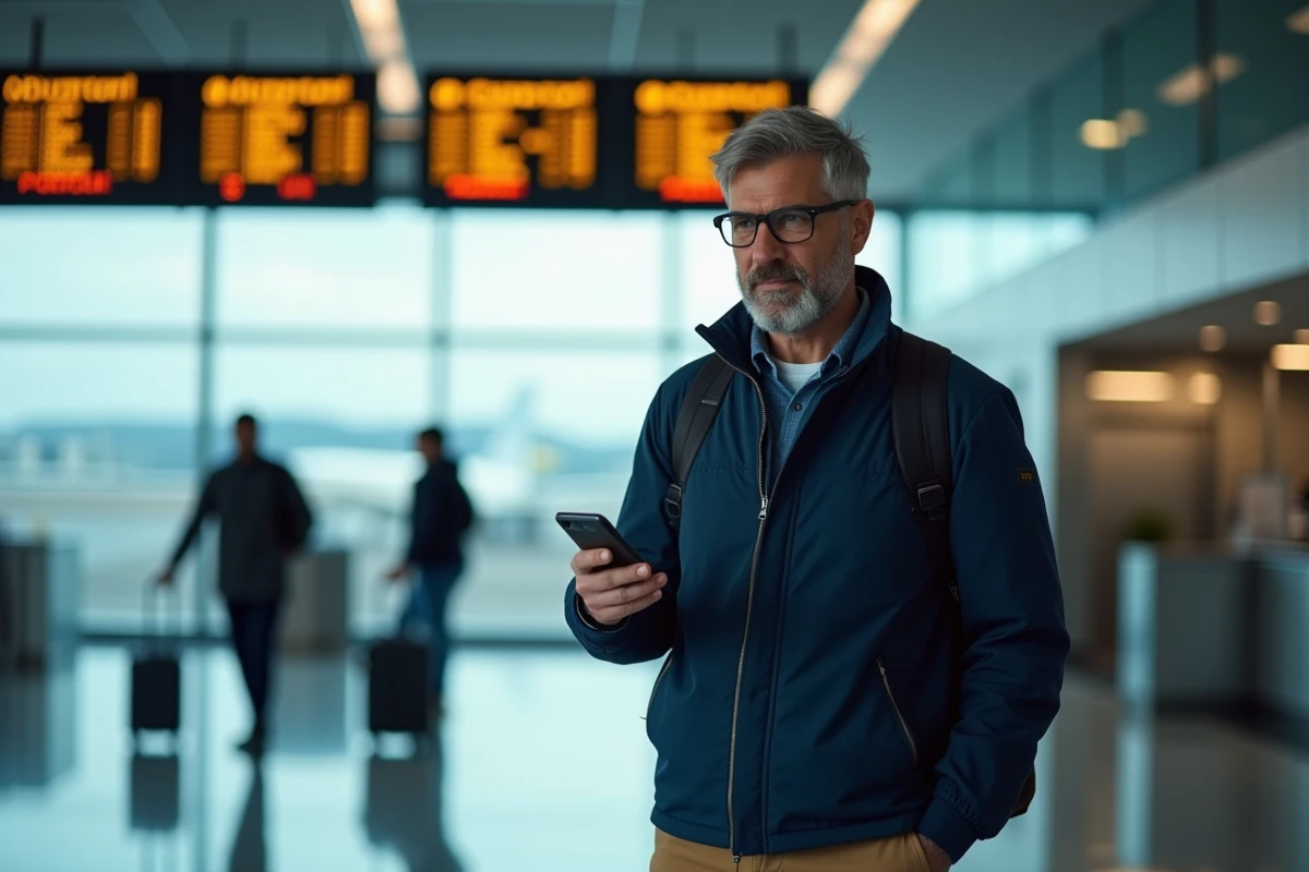 Voyageur à l'aéroport vérifiant le décalage horaire entre la France et La Réunion sur son téléphone