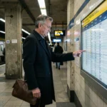 Voyageur consultant le tableau des départs du RER en soirée dans une station parisienne