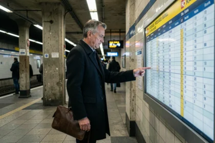 Voyageur consultant le tableau des départs du RER en soirée dans une station parisienne