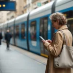 Voyageuse consultant les horaires du tramway T3B sur smartphone à un arrêt parisien