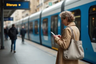 Voyageuse consultant les horaires du tramway T3B sur smartphone à un arrêt parisien