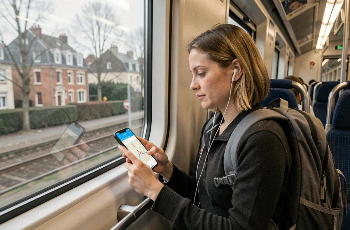 Femme dans un train Transilien consultant une application de trajets sur les zones 1 à 5 en Île-de-France