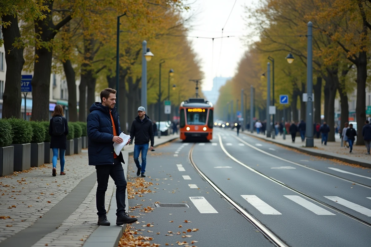 Vue large du boulevard parisien avec le tramway T3B en approche sur sa voie dédiée