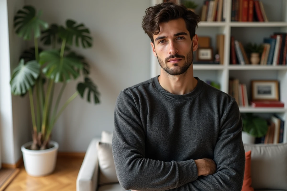 Jeune homme au regard introspectif dans un appartement parisien chaleureux, évoquant les confidences de Yoann Usai sur sa relation amoureuse