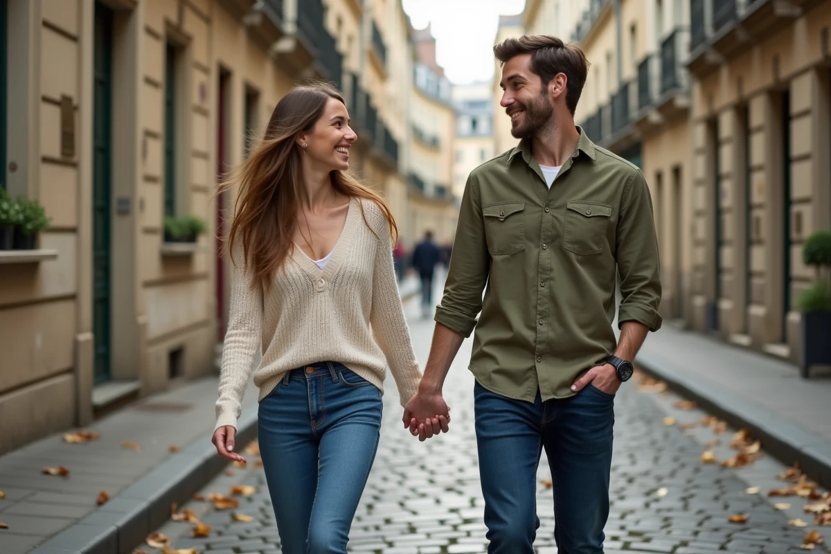 Couple de jeunes adultes marchant main dans la main dans une rue pavée de Paris, illustrant la complicité amoureuse évoquée dans l'article sur Yoann Usai