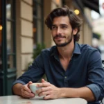 Yoann Usai souriant en terrasse de café parisien, regard pensif et détendu, illustrant ses confidences sur sa vie de couple