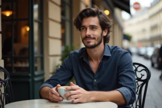 Yoann Usai souriant en terrasse de café parisien, regard pensif et détendu, illustrant ses confidences sur sa vie de couple